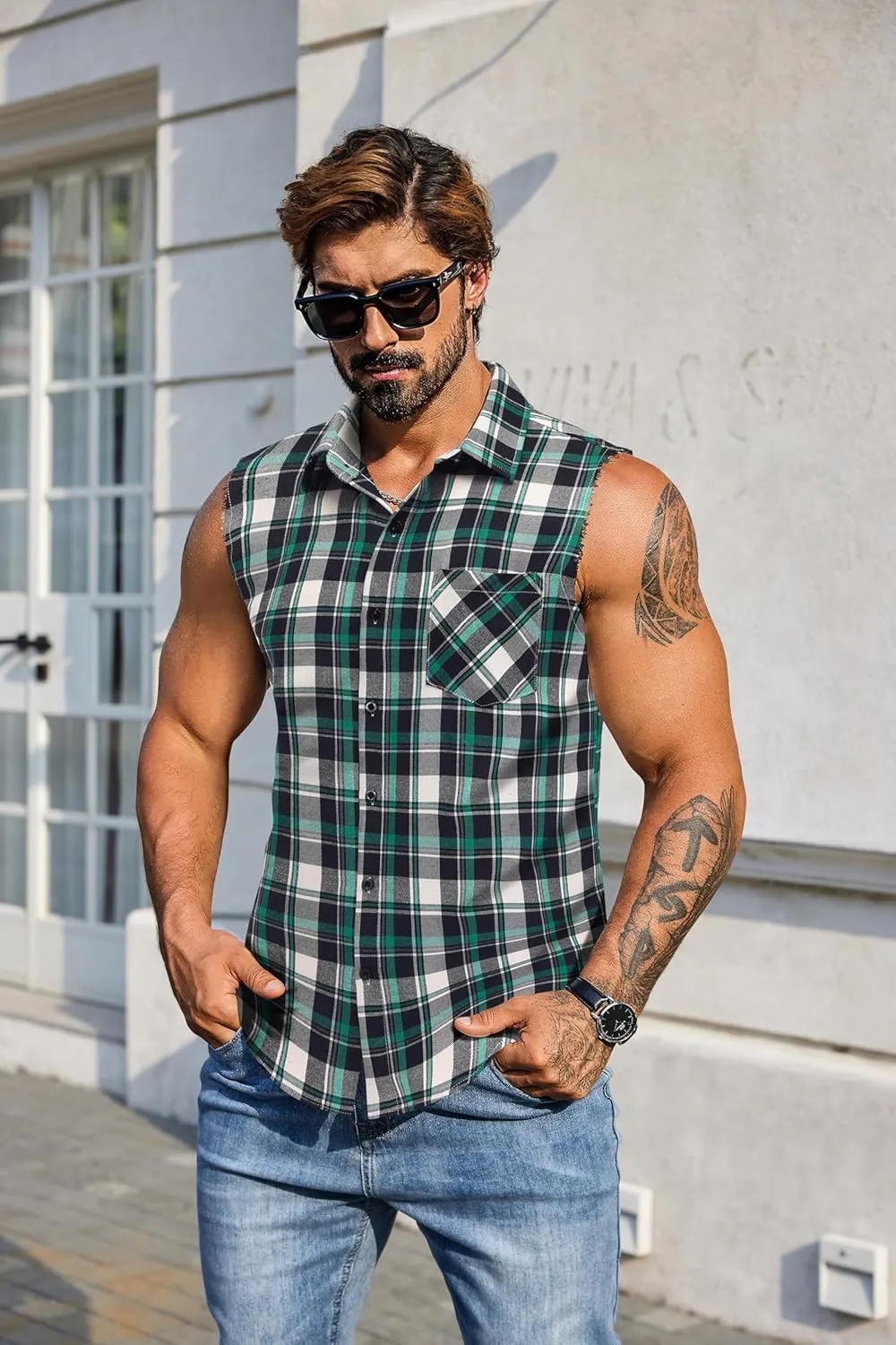 COOFANDY Mens Sleeveless Flannel Shirt Casual Summer Tank Top Button Up Sleeveless Beach Shirts with Chest Pocket
