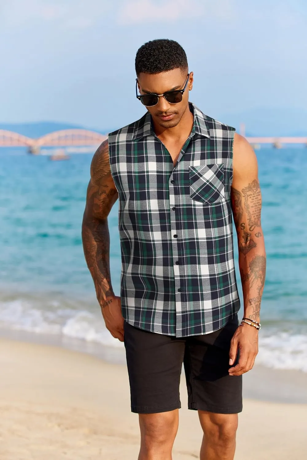 COOFANDY Mens Sleeveless Flannel Shirt Casual Summer Tank Top Button Up Sleeveless Beach Shirts with Chest Pocket