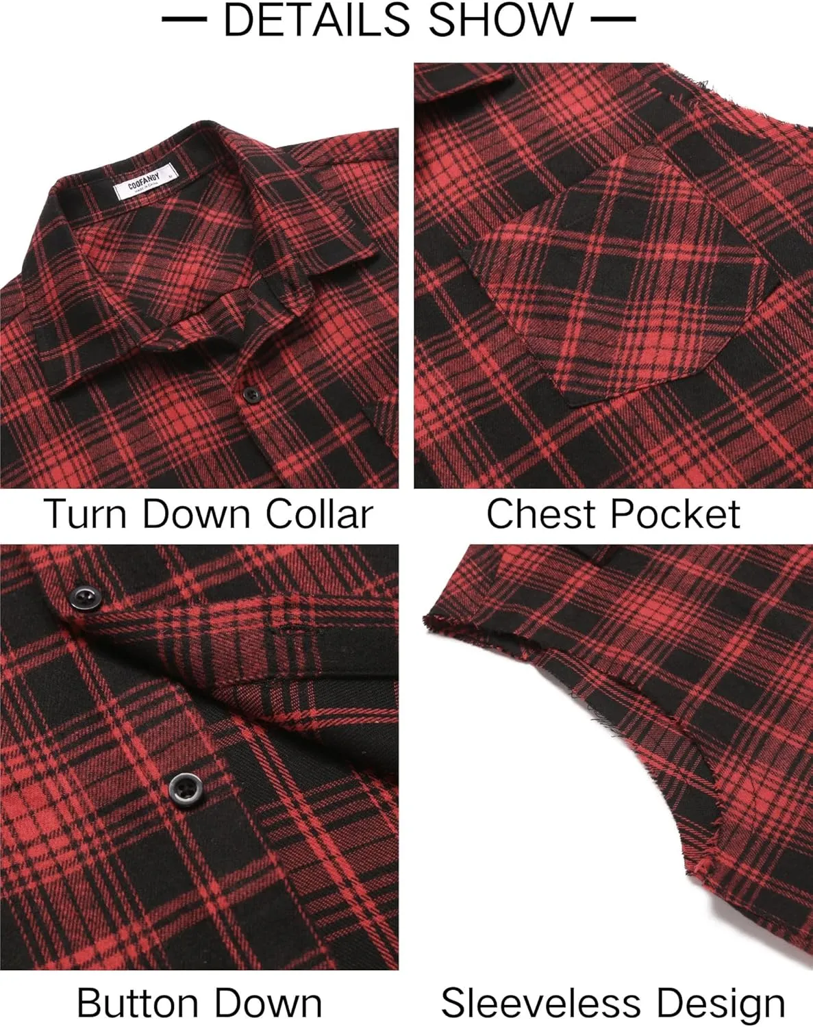 COOFANDY Mens Sleeveless Flannel Shirt Casual Summer Tank Top Button Up Sleeveless Beach Shirts with Chest Pocket