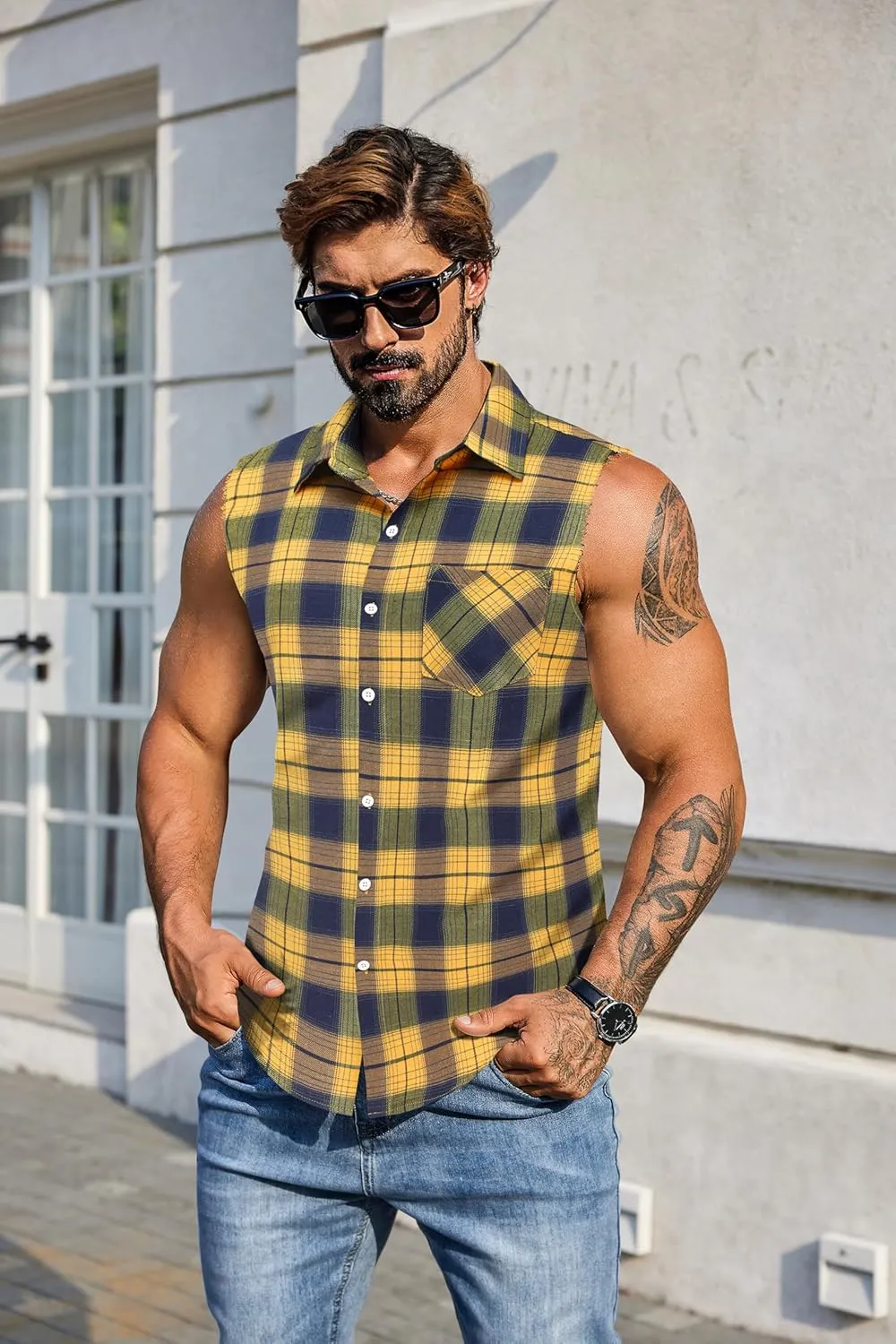 COOFANDY Mens Sleeveless Flannel Shirt Casual Summer Tank Top Button Up Sleeveless Beach Shirts with Chest Pocket