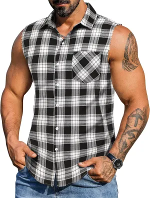 COOFANDY Mens Sleeveless Flannel Shirt Casual Summer Tank Top Button Up Sleeveless Beach Shirts with Chest Pocket
