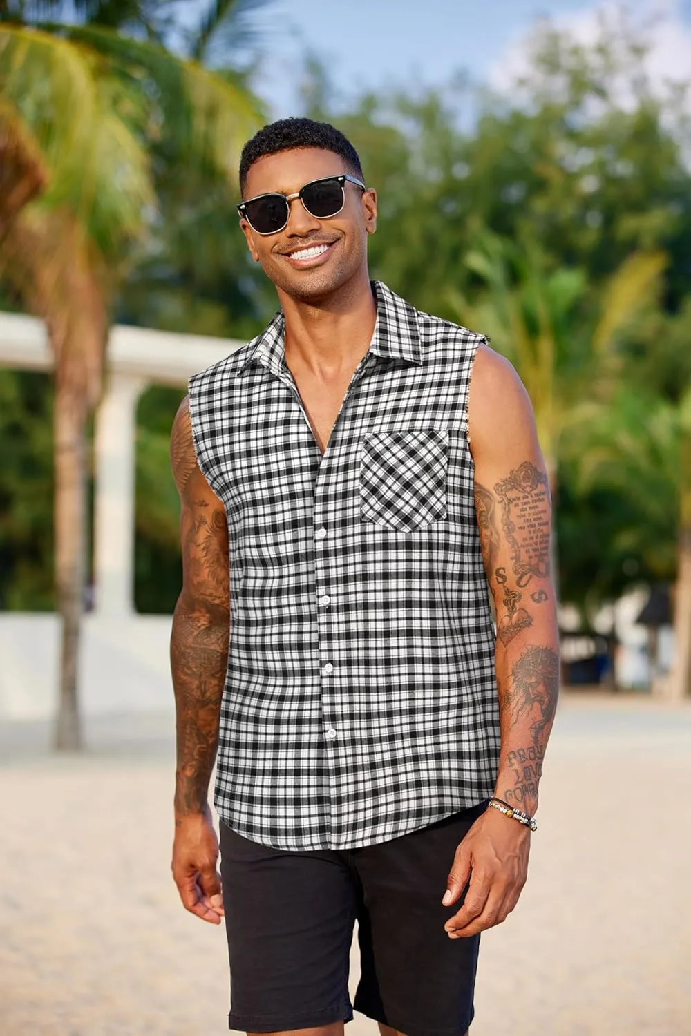 COOFANDY Mens Sleeveless Flannel Shirt Casual Summer Tank Top Button Up Sleeveless Beach Shirts with Chest Pocket
