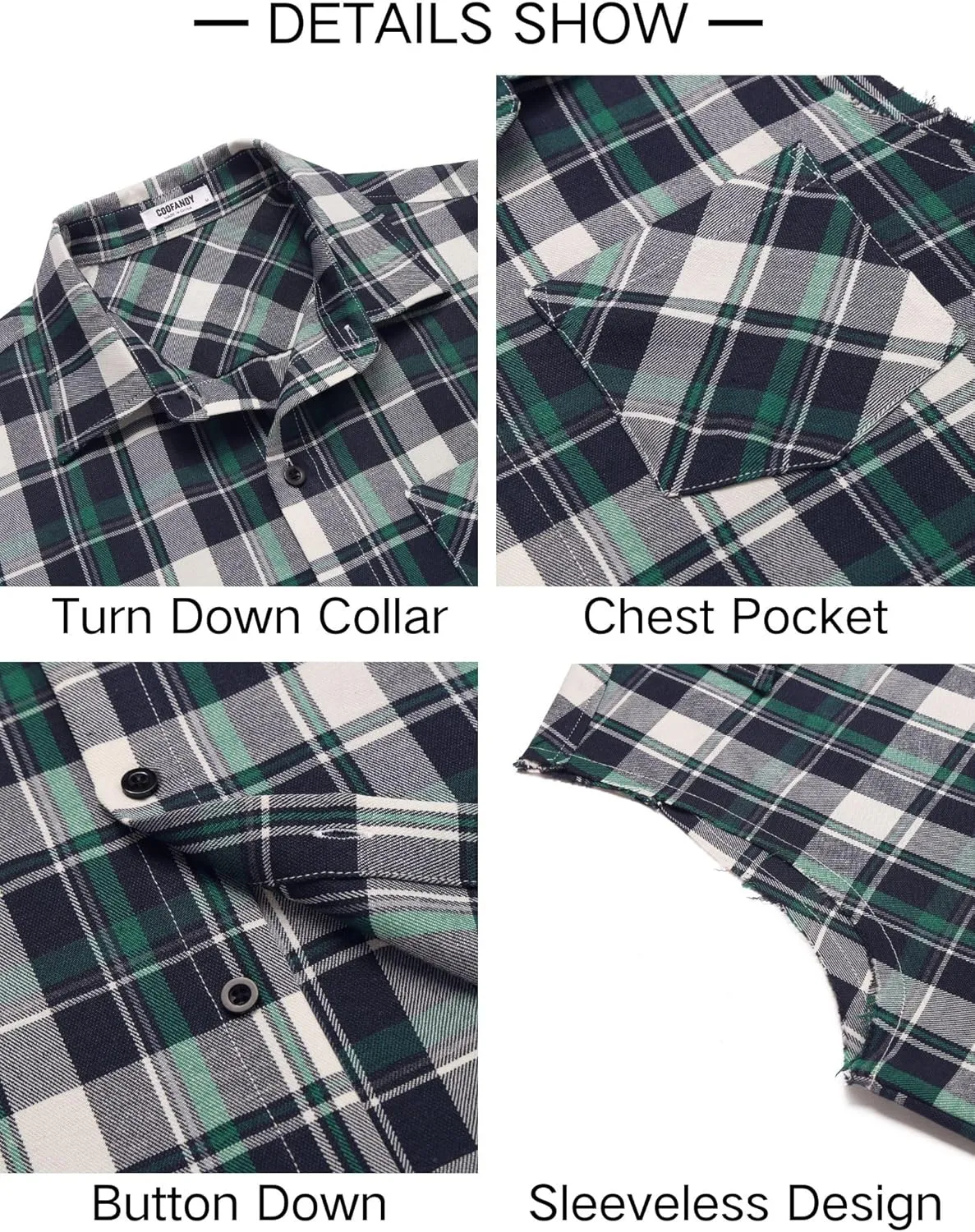 COOFANDY Mens Sleeveless Flannel Shirt Casual Summer Tank Top Button Up Sleeveless Beach Shirts with Chest Pocket