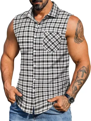 COOFANDY Mens Sleeveless Flannel Shirt Casual Summer Tank Top Button Up Sleeveless Beach Shirts with Chest Pocket