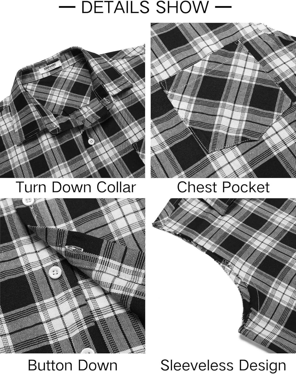 COOFANDY Mens Sleeveless Flannel Shirt Casual Summer Tank Top Button Up Sleeveless Beach Shirts with Chest Pocket