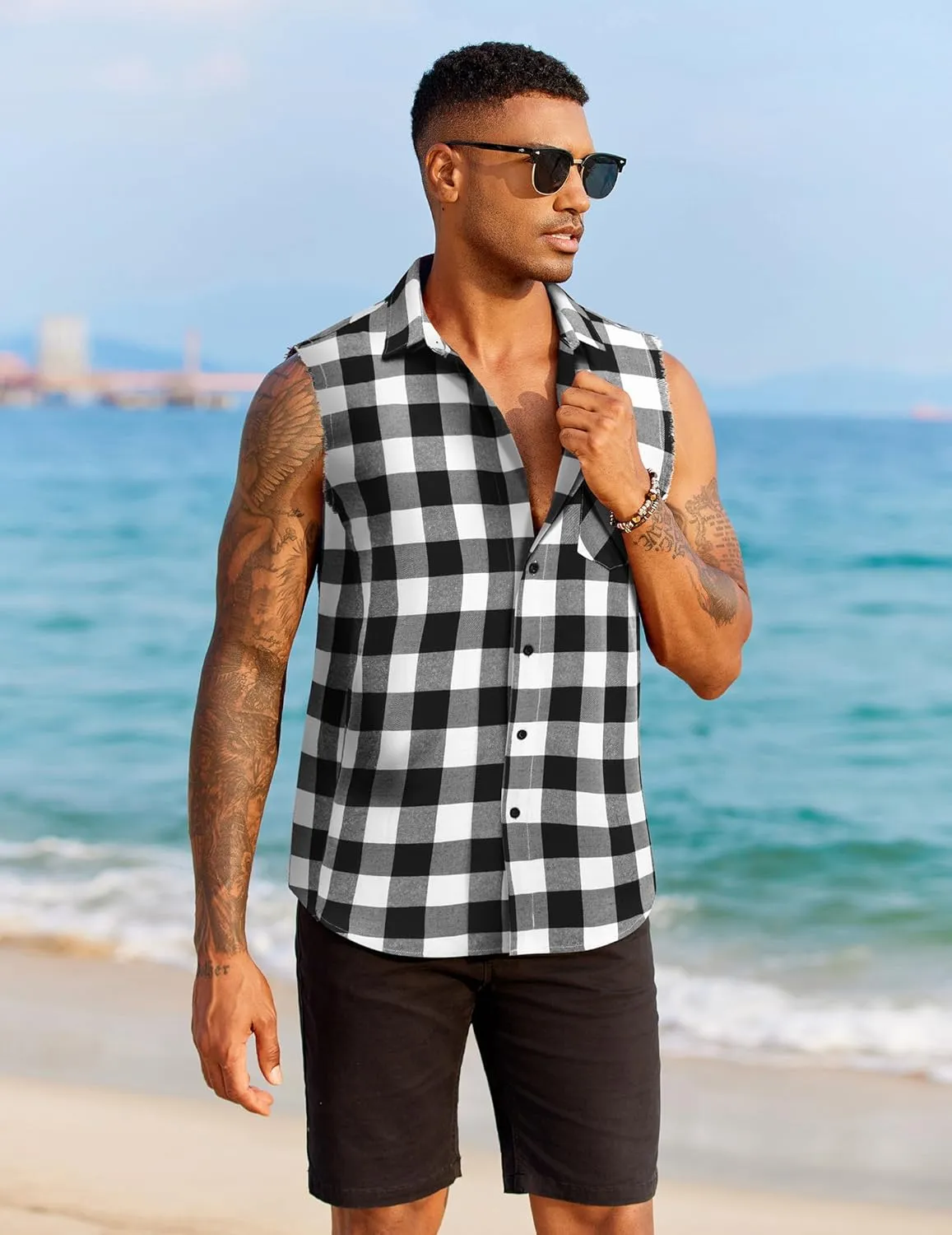 COOFANDY Mens Sleeveless Flannel Shirt Casual Summer Tank Top Button Up Sleeveless Beach Shirts with Chest Pocket