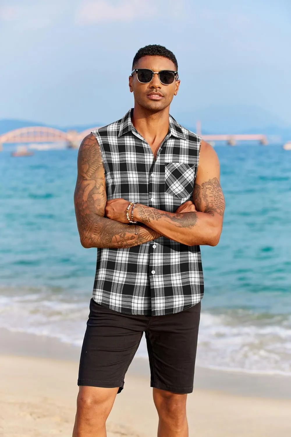 COOFANDY Mens Sleeveless Flannel Shirt Casual Summer Tank Top Button Up Sleeveless Beach Shirts with Chest Pocket