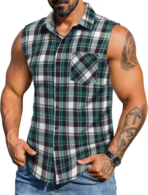 COOFANDY Mens Sleeveless Flannel Shirt Casual Summer Tank Top Button Up Sleeveless Beach Shirts with Chest Pocket
