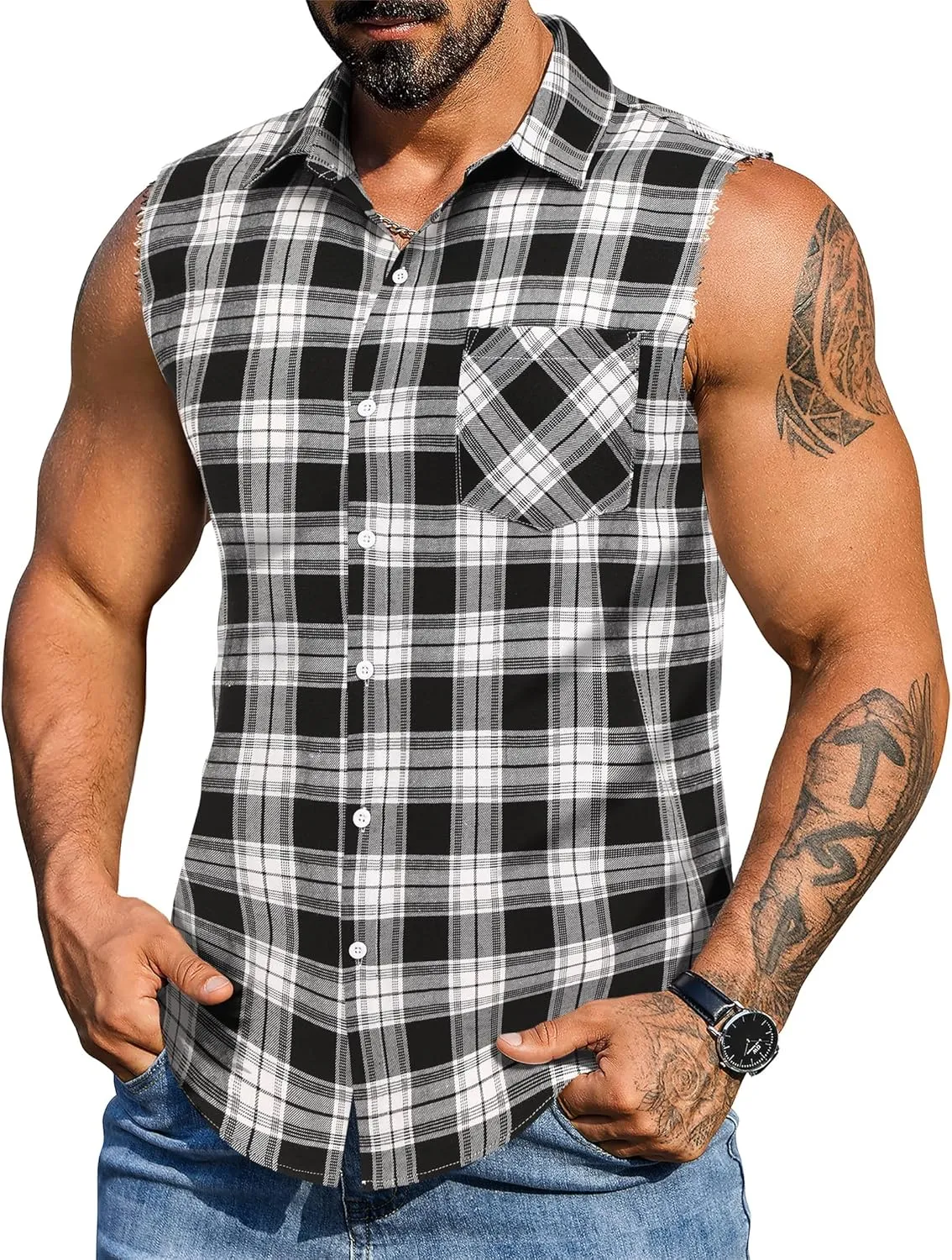 COOFANDY Mens Sleeveless Flannel Shirt Casual Summer Tank Top Button Up Sleeveless Beach Shirts with Chest Pocket