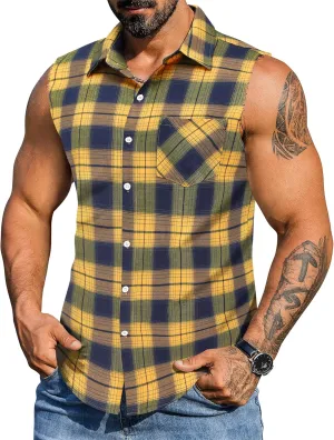 COOFANDY Mens Sleeveless Flannel Shirt Casual Summer Tank Top Button Up Sleeveless Beach Shirts with Chest Pocket