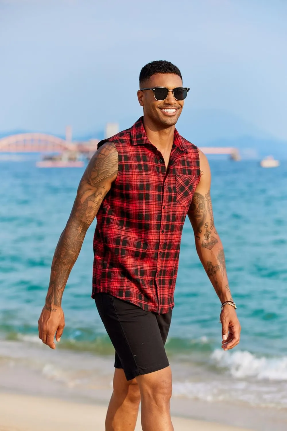 COOFANDY Mens Sleeveless Flannel Shirt Casual Summer Tank Top Button Up Sleeveless Beach Shirts with Chest Pocket