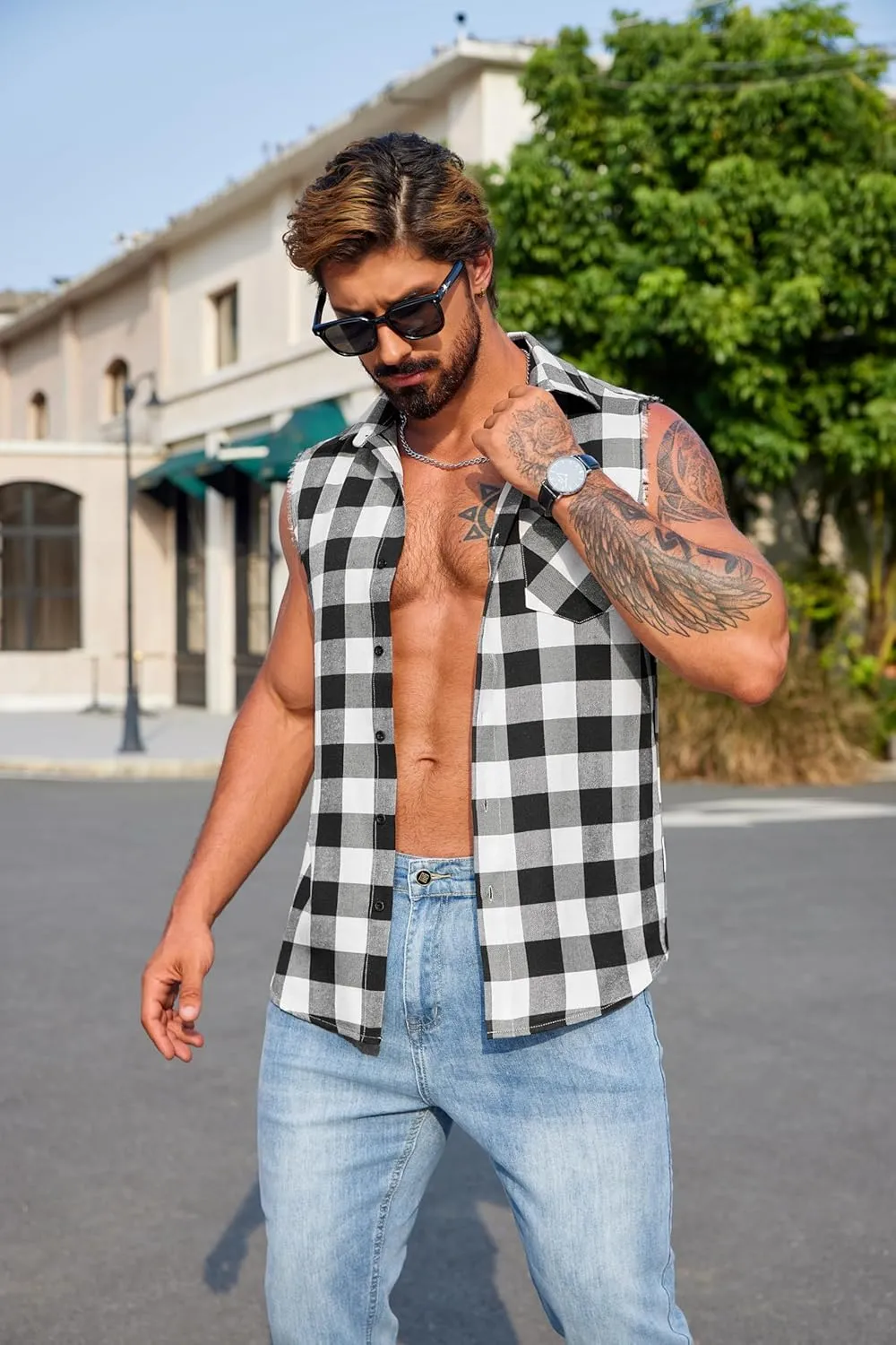 COOFANDY Mens Sleeveless Flannel Shirt Casual Summer Tank Top Button Up Sleeveless Beach Shirts with Chest Pocket