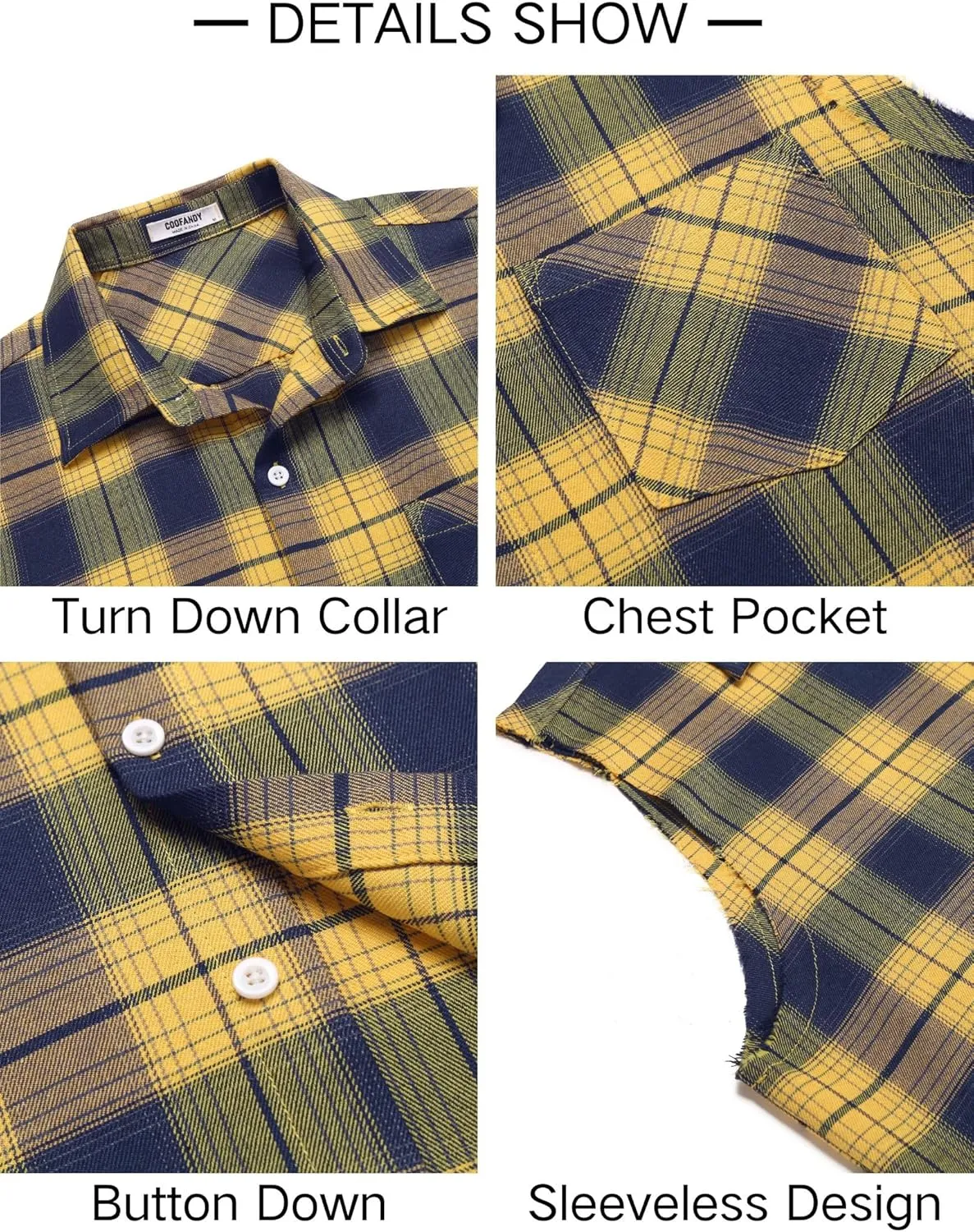 COOFANDY Mens Sleeveless Flannel Shirt Casual Summer Tank Top Button Up Sleeveless Beach Shirts with Chest Pocket