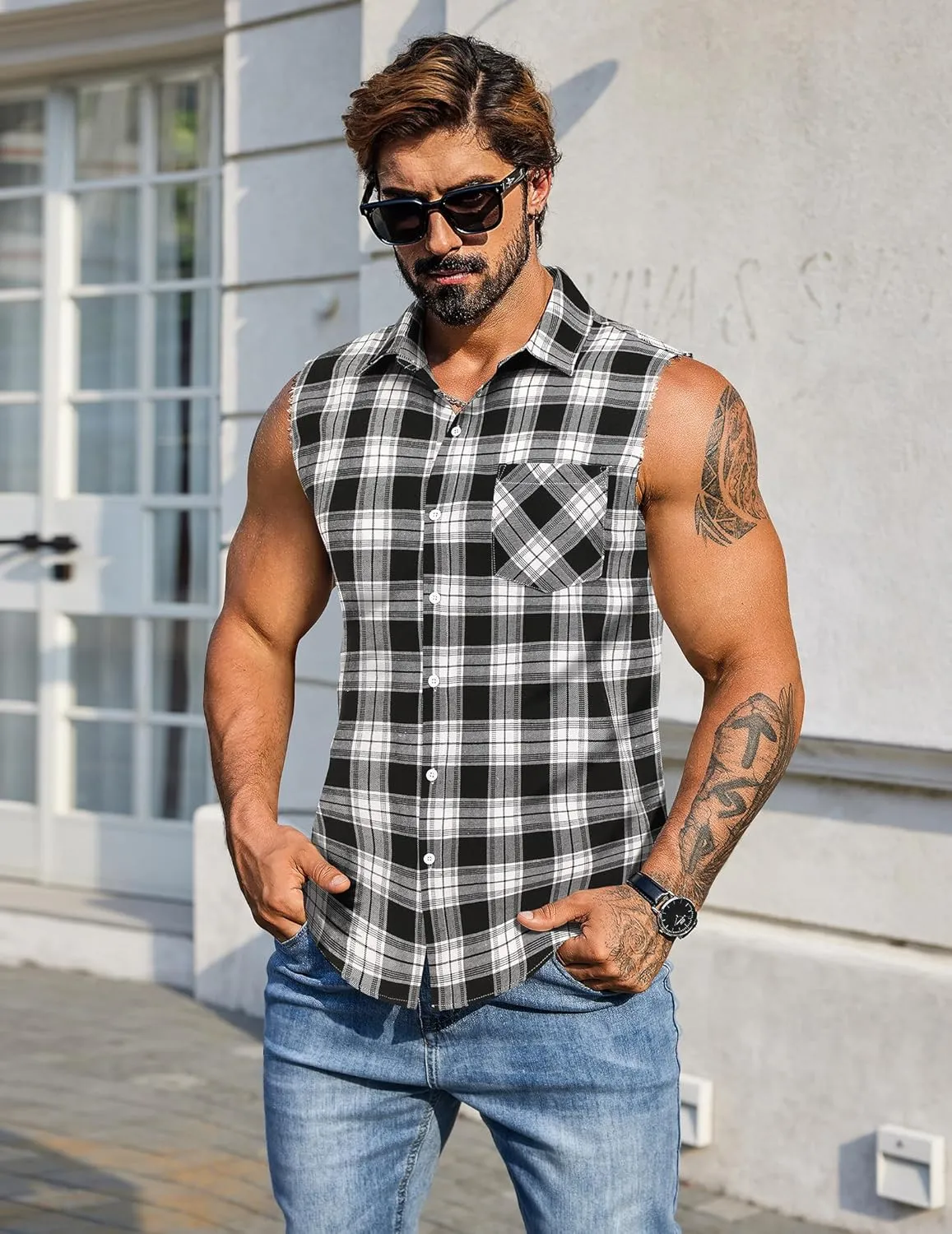 COOFANDY Mens Sleeveless Flannel Shirt Casual Summer Tank Top Button Up Sleeveless Beach Shirts with Chest Pocket