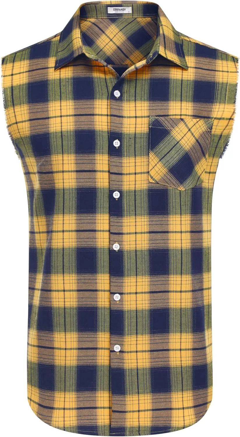 COOFANDY Mens Sleeveless Flannel Shirt Casual Summer Tank Top Button Up Sleeveless Beach Shirts with Chest Pocket
