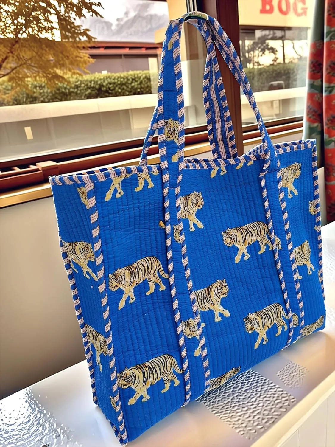 Cotton Tiger Block Print Tote Bag, Indian Handmade Shopping Shoulder Bag, Unisex Market Daily Use