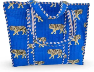 Cotton Tiger Block Print Tote Bag, Indian Handmade Shopping Shoulder Bag, Unisex Market Daily Use