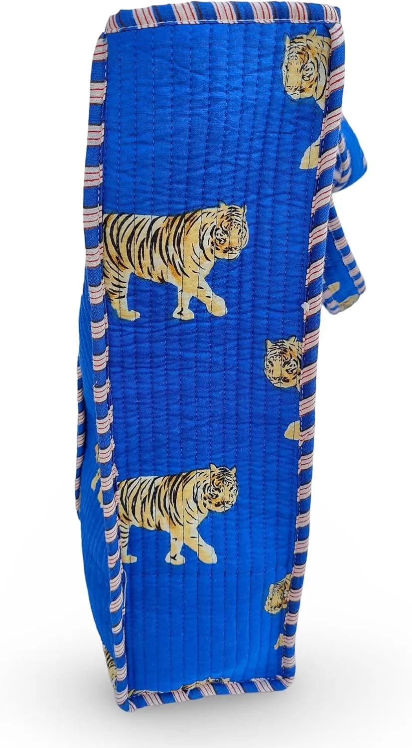 Cotton Tiger Block Print Tote Bag, Indian Handmade Shopping Shoulder Bag, Unisex Market Daily Use