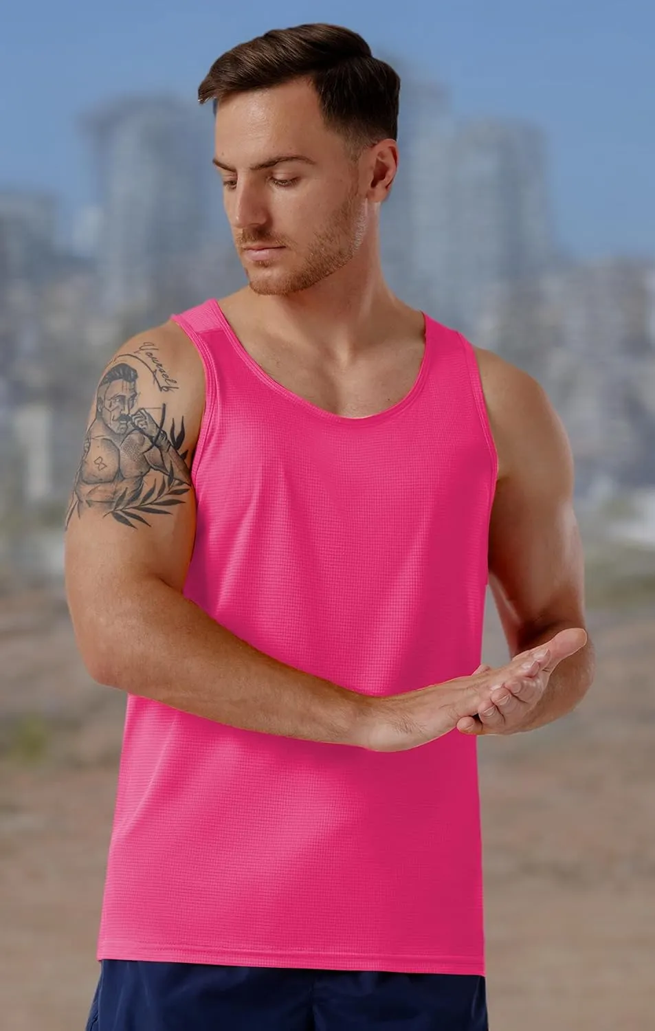 CQC Men's Sleeveless Shirts Gym Workout Running Quick Dry Tank Top Beach Swim Muscle Athletic Shirt