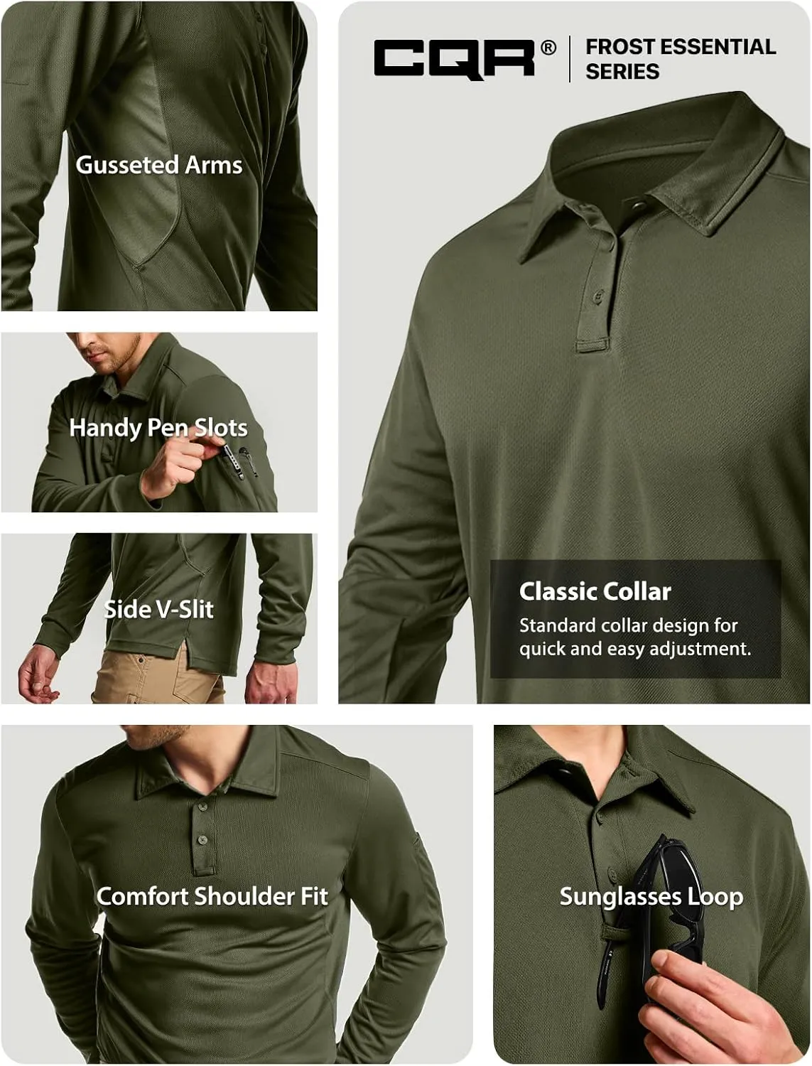 CQR Men's Polo Shirt, Long Sleeve Tactical Shirts, Outdoor UPF 50  Pique Shirt, Dry Fit Lightweight Golf Shirts