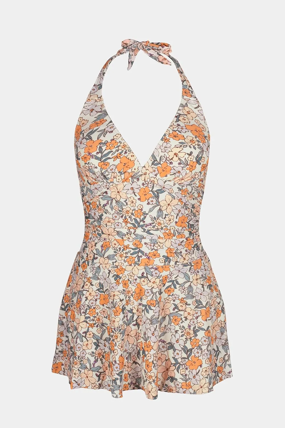 CUPSHE Women's One Piece Swimdress V Neck Plunge Halter Self Tie Open Back Ruched Bathing Suit