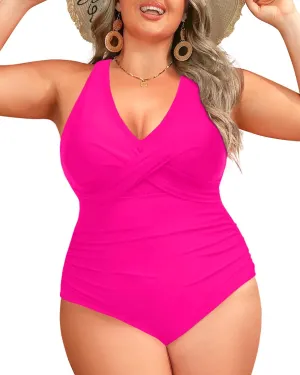 Daci Plus Size One Piece Swimsuit - Tummy Control Bathing Suit for Women V Neck Retro Twist Front Full Coverage Swimwear