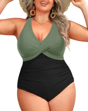 Daci Plus Size One Piece Swimsuit - Tummy Control Bathing Suit for Women V Neck Retro Twist Front Full Coverage Swimwear