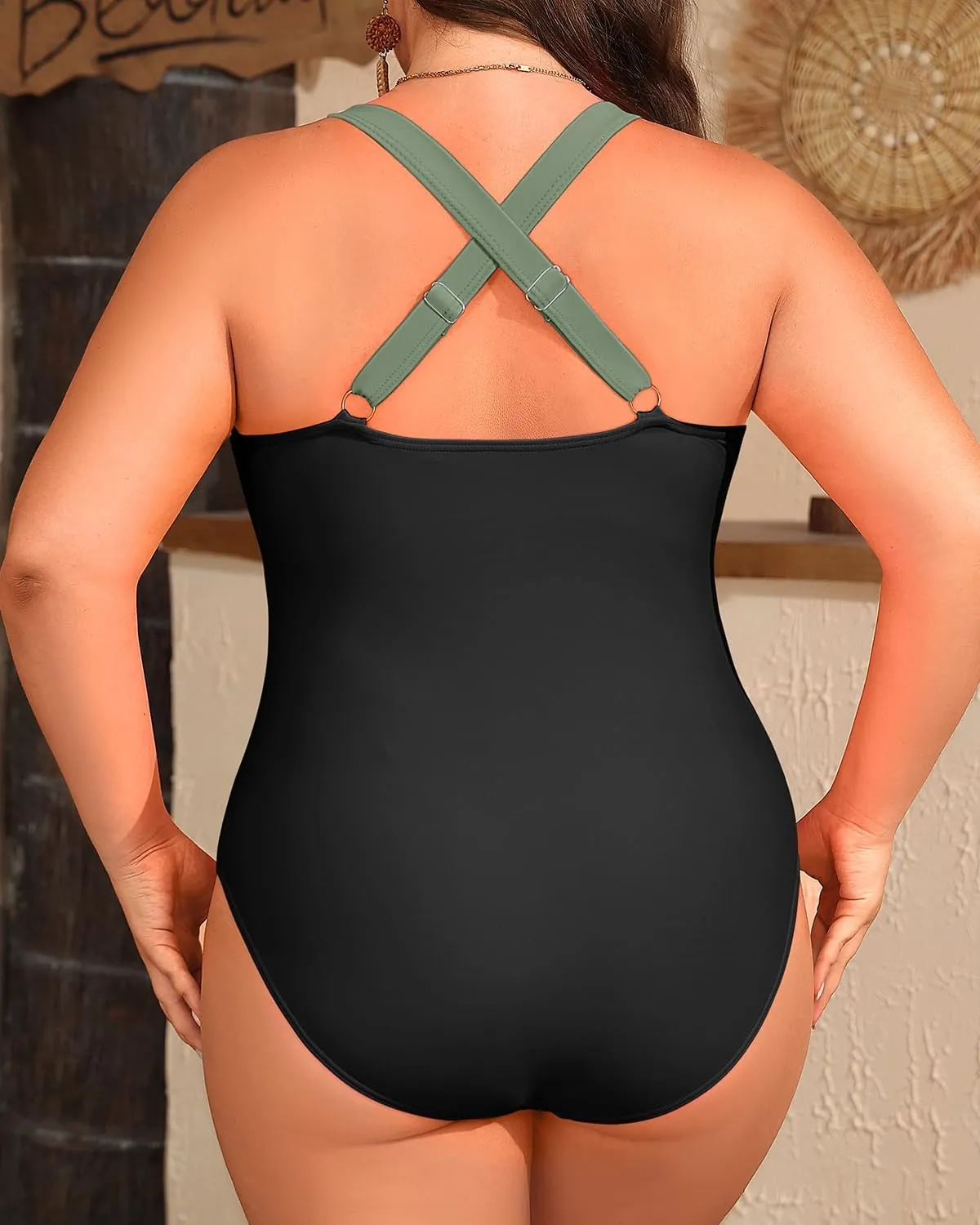 Daci Plus Size One Piece Swimsuit - Tummy Control Bathing Suit for Women V Neck Retro Twist Front Full Coverage Swimwear