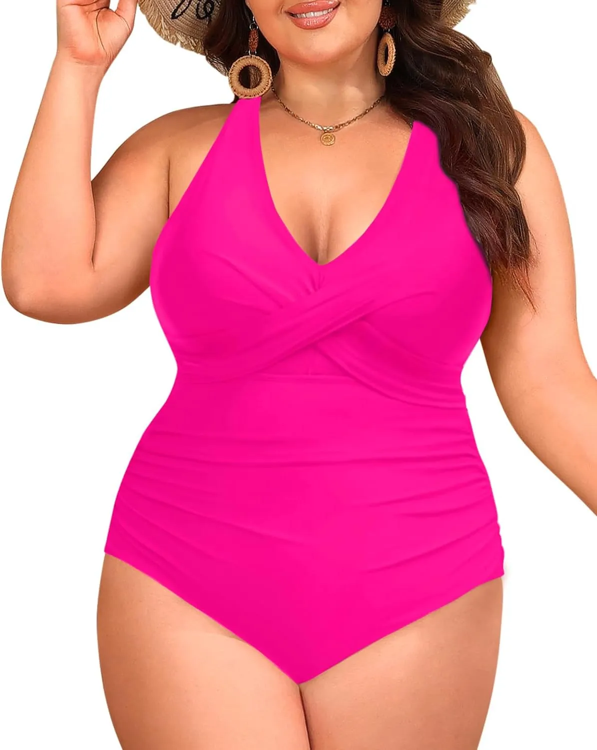 Daci Plus Size One Piece Swimsuit - Tummy Control Bathing Suit for Women V Neck Retro Twist Front Full Coverage Swimwear