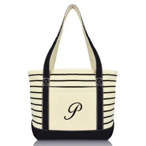 Dalix Striped P-Initial Tote Bag Womens Ballent Letter P