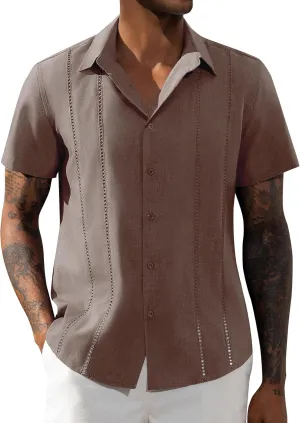 DEMEANOR Guayabera Linen Shirts for Men Short Sleeve Button Down Shirts Summer Beach Linen Shirts Casual Hawaii Vacation