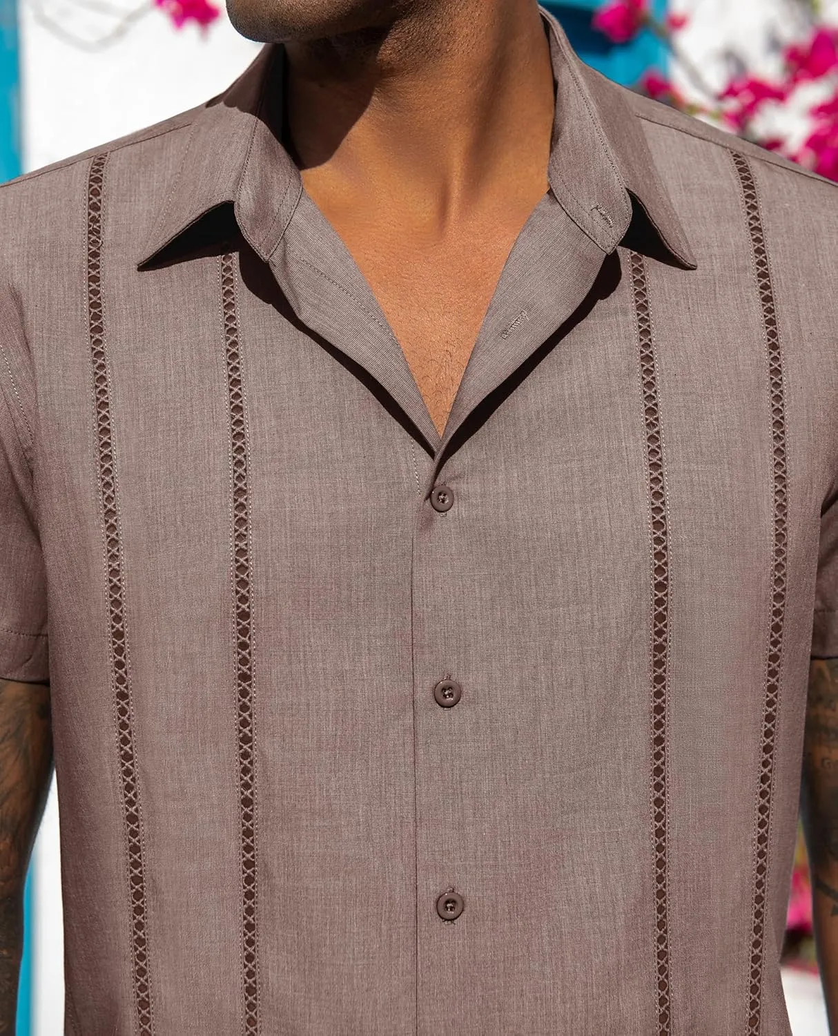 DEMEANOR Guayabera Linen Shirts for Men Short Sleeve Button Down Shirts Summer Beach Linen Shirts Casual Hawaii Vacation