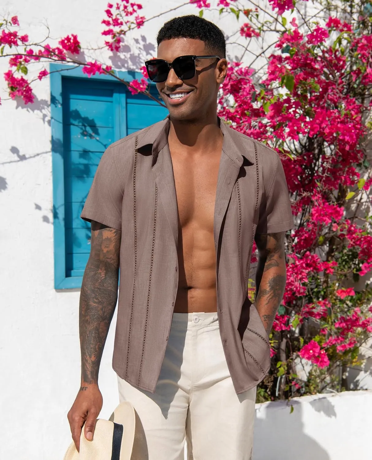DEMEANOR Guayabera Linen Shirts for Men Short Sleeve Button Down Shirts Summer Beach Linen Shirts Casual Hawaii Vacation