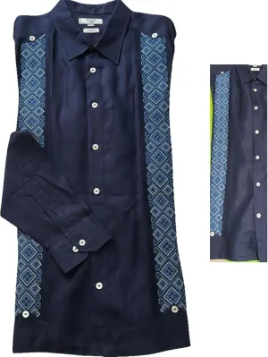 Destination Wedding Linen Guayabera. Navy Blue- Royal Embroidery || Grooms and Groomsmen || 2XLarge