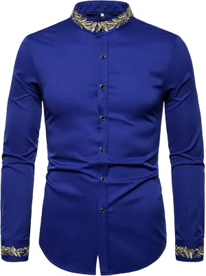 DGHM-JLMY Mens African Metallic Print Shirt Fashion Palace Embroidered Long Sleeve Shirt Slim Fit Dress Shirts
