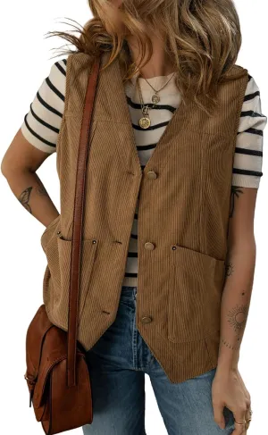 Dokotoo Womens Corduroy Vests Outerwear 2025 Button-Down Lightweight Waistcoat Sleeveless Jacket Casual Vest
