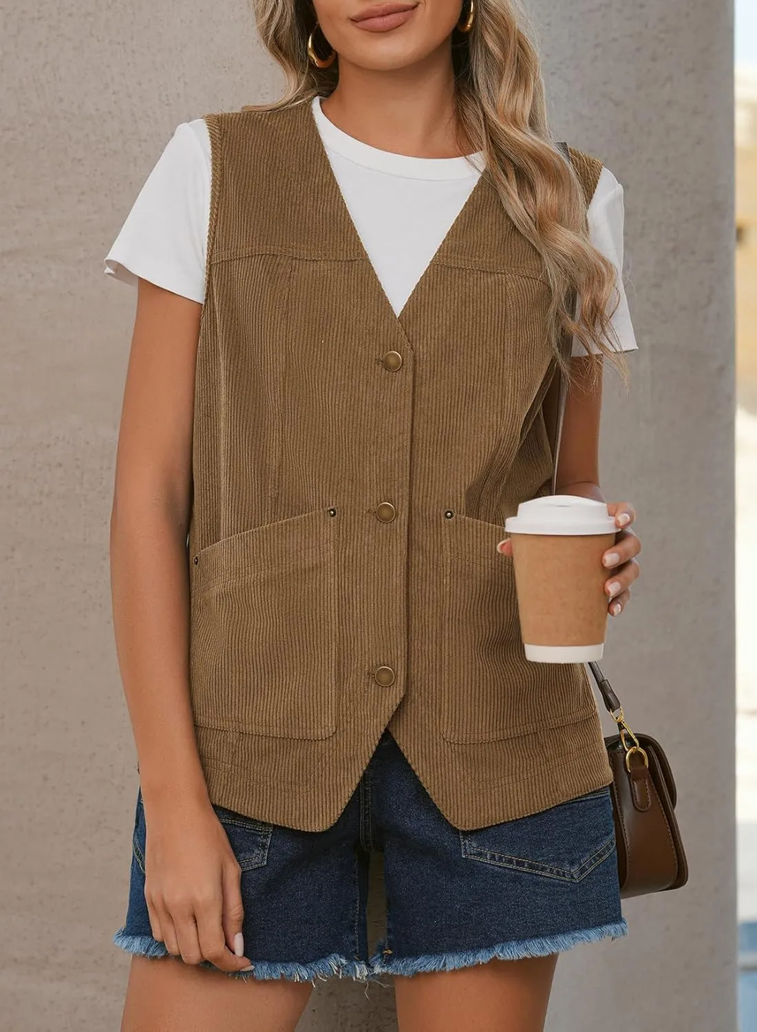 Dokotoo Womens Corduroy Vests Outerwear 2025 Button-Down Lightweight Waistcoat Sleeveless Jacket Casual Vest