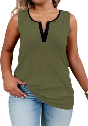 DOLNINE Plus Size Tank Tops for Women 2025 Summer Sleeveless Colorblock V Neck Blouses Office Work Pleated Vest Shirts