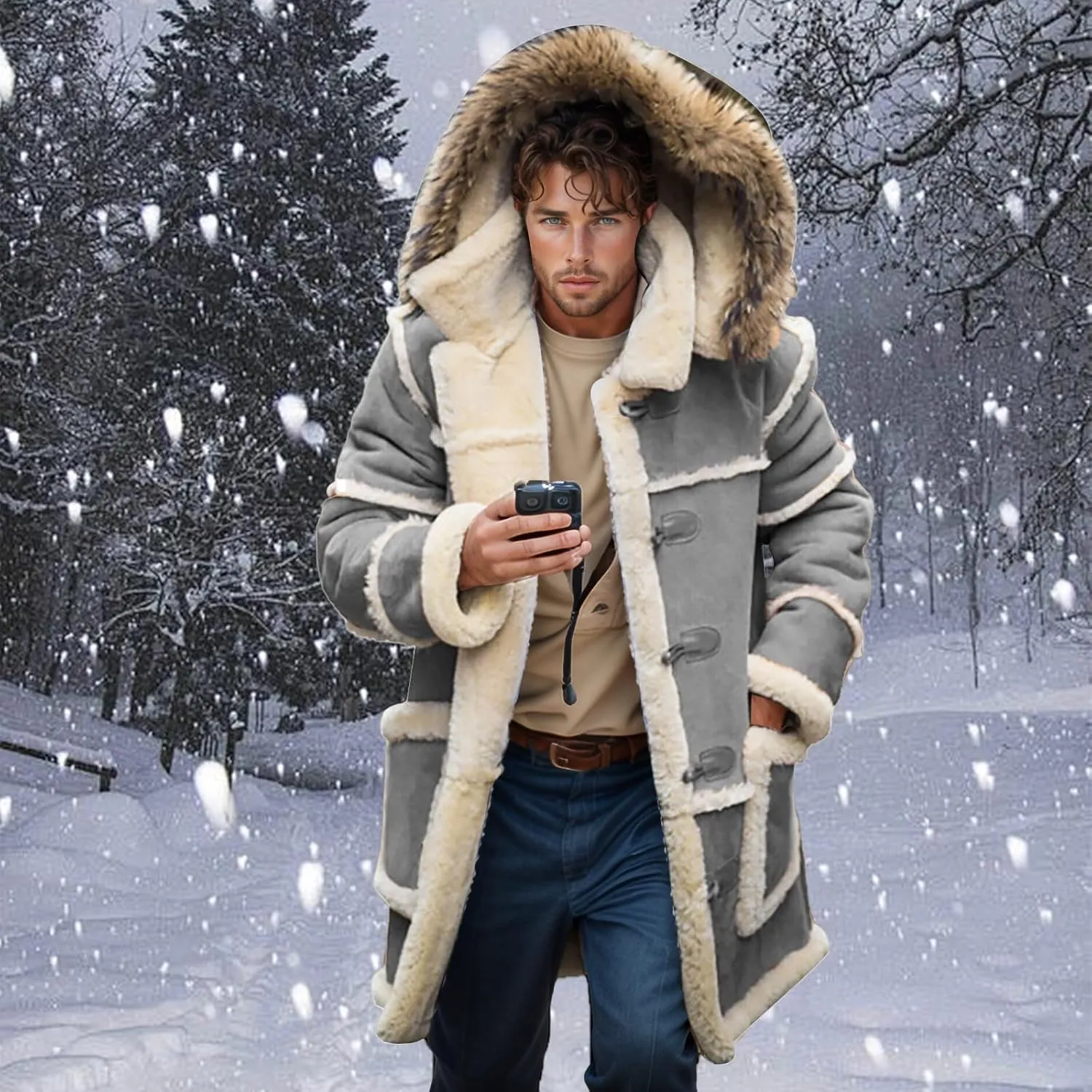 Faux Leather Jacket Men Thick Faux Fur Coat Thermal Winter Jackets Oversized Hooded Outerwear Mid Length Trench Coat