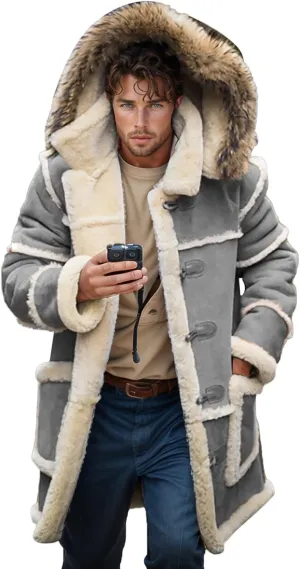 Faux Leather Jacket Men Thick Faux Fur Coat Thermal Winter Jackets Oversized Hooded Outerwear Mid Length Trench Coat