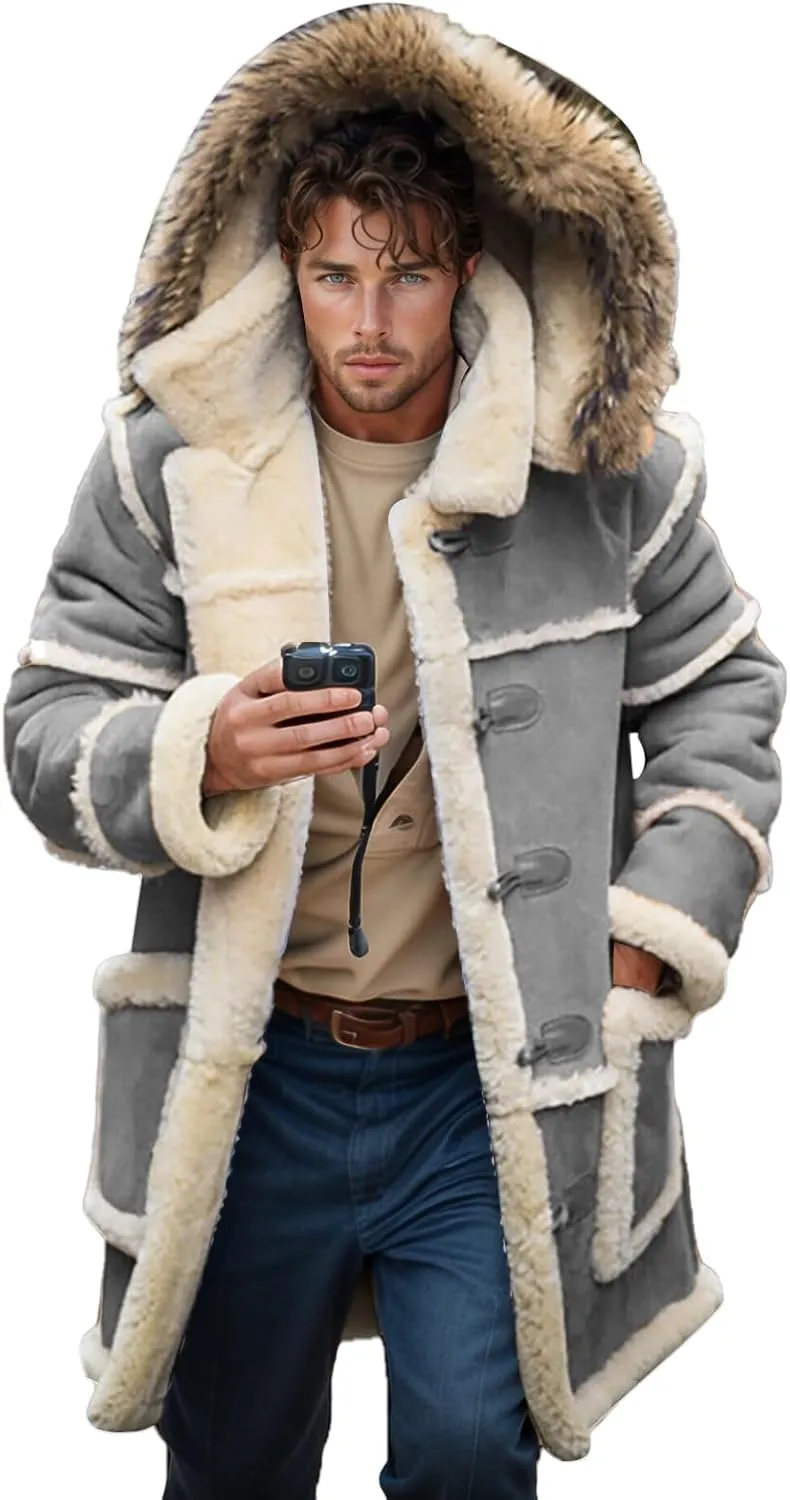 Faux Leather Jacket Men Thick Faux Fur Coat Thermal Winter Jackets Oversized Hooded Outerwear Mid Length Trench Coat