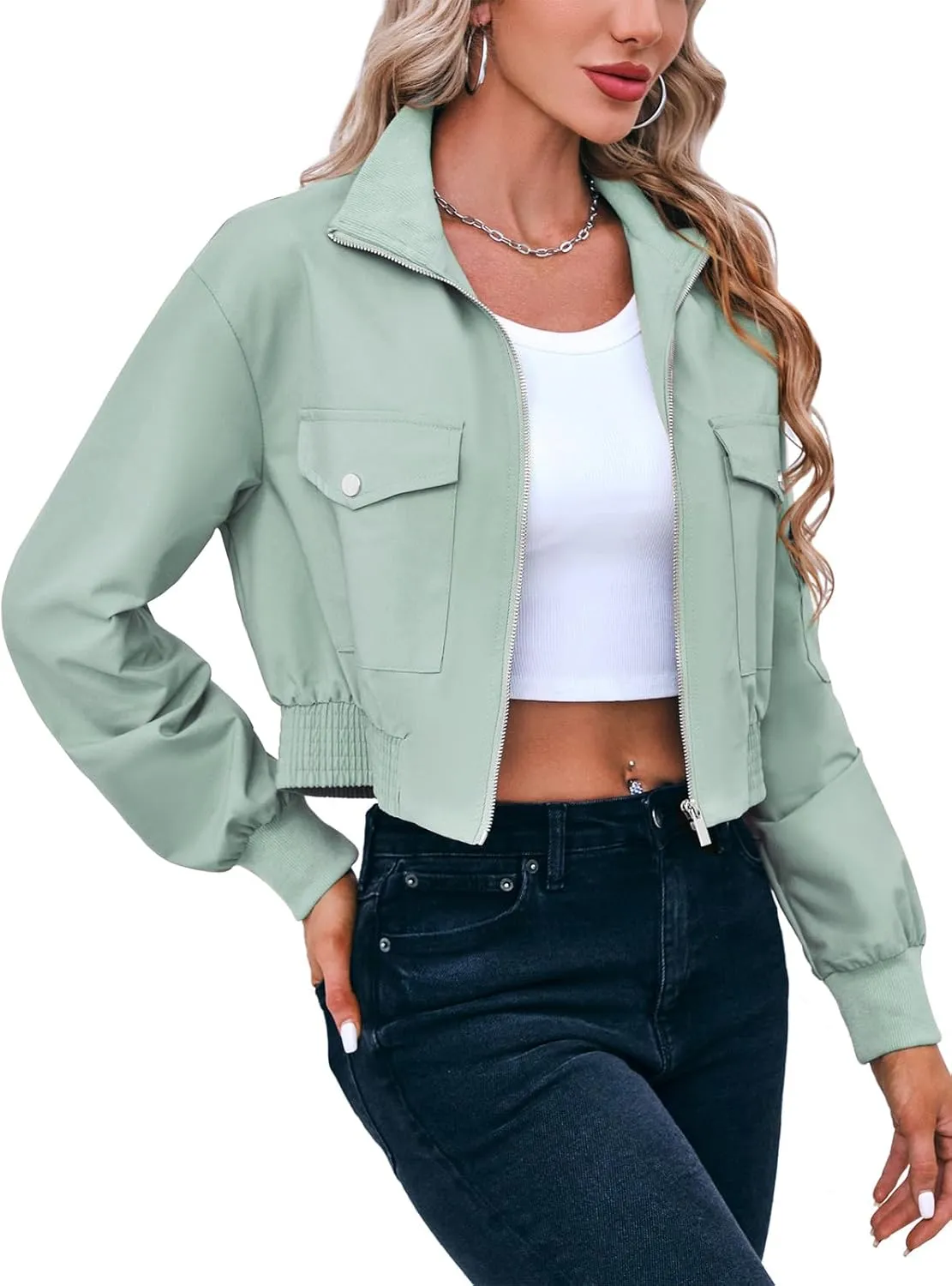 Fisoew Women's Cropped Bomber Jackets Lightweight Zip Up Stand Collar Long Sleeve Short Jacket with Pockets