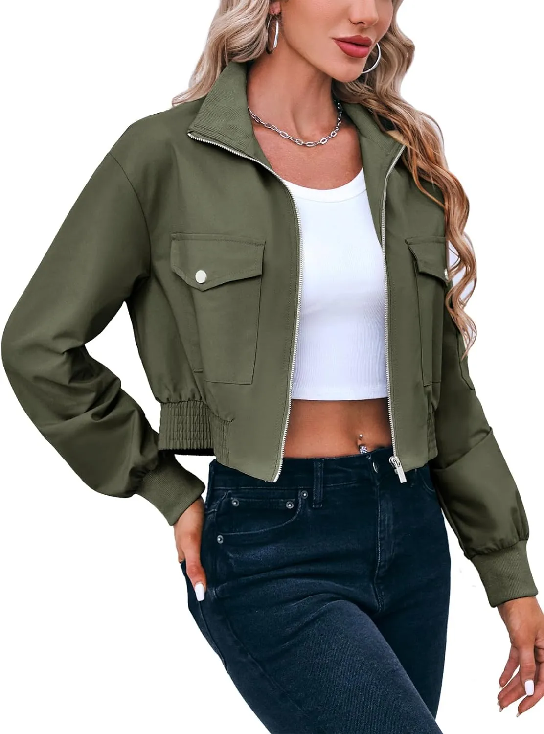Fisoew Women's Cropped Bomber Jackets Lightweight Zip Up Stand Collar Long Sleeve Short Jacket with Pockets