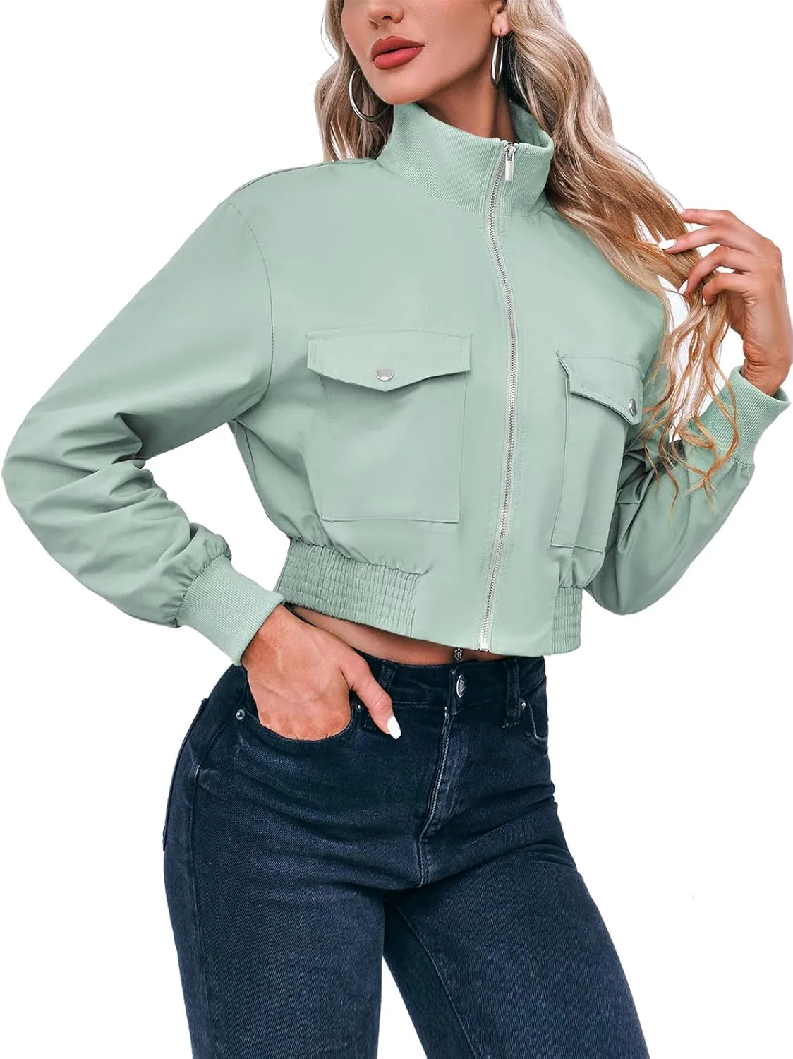 Fisoew Women's Cropped Bomber Jackets Lightweight Zip Up Stand Collar Long Sleeve Short Jacket with Pockets
