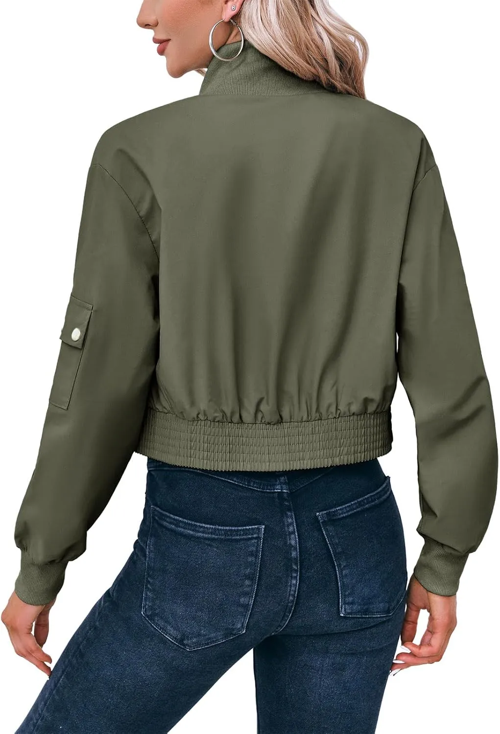 Fisoew Women's Cropped Bomber Jackets Lightweight Zip Up Stand Collar Long Sleeve Short Jacket with Pockets
