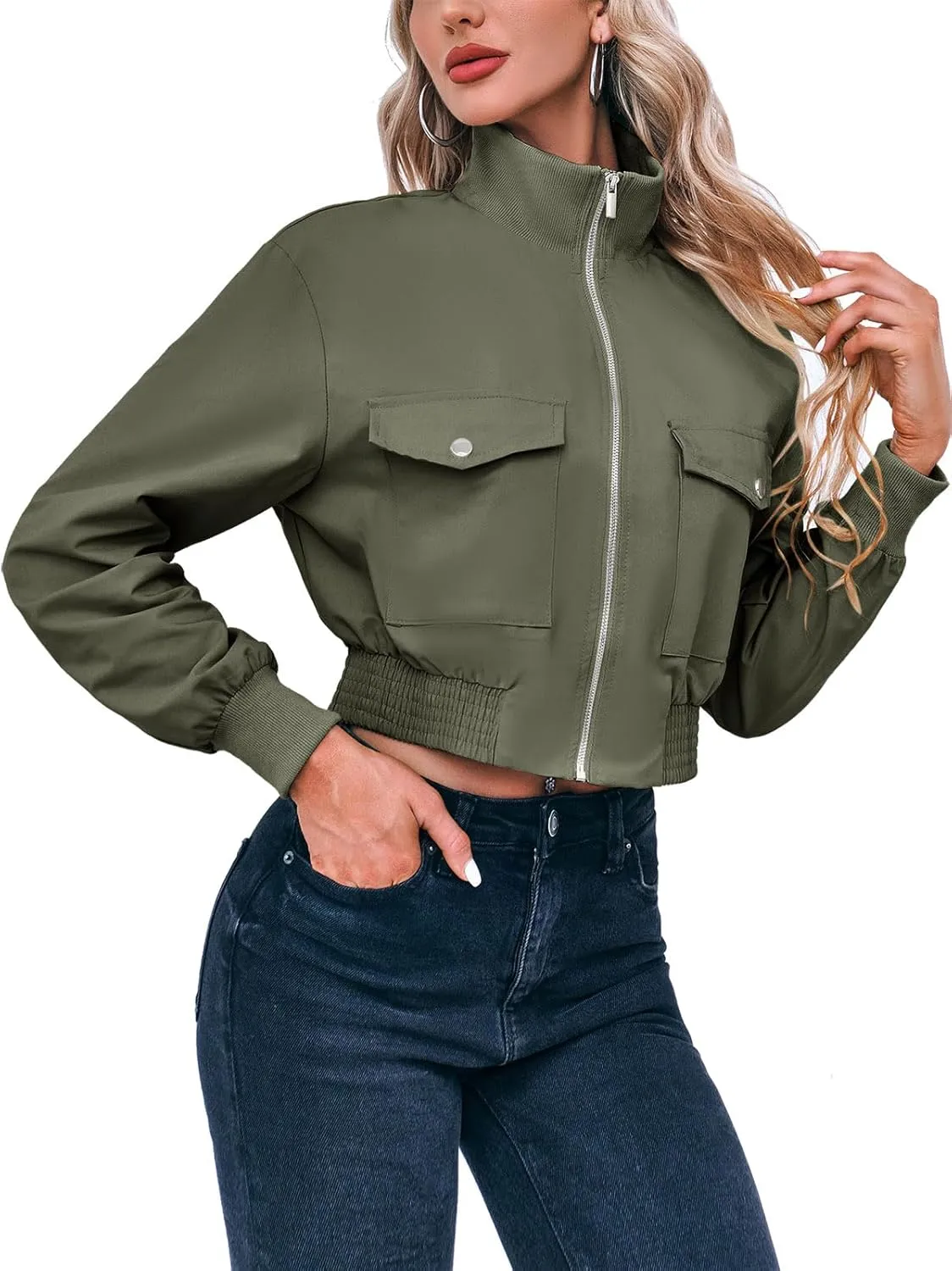 Fisoew Women's Cropped Bomber Jackets Lightweight Zip Up Stand Collar Long Sleeve Short Jacket with Pockets