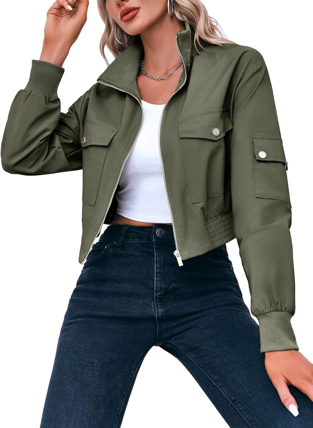 Fisoew Women's Cropped Bomber Jackets Lightweight Zip Up Stand Collar Long Sleeve Short Jacket with Pockets
