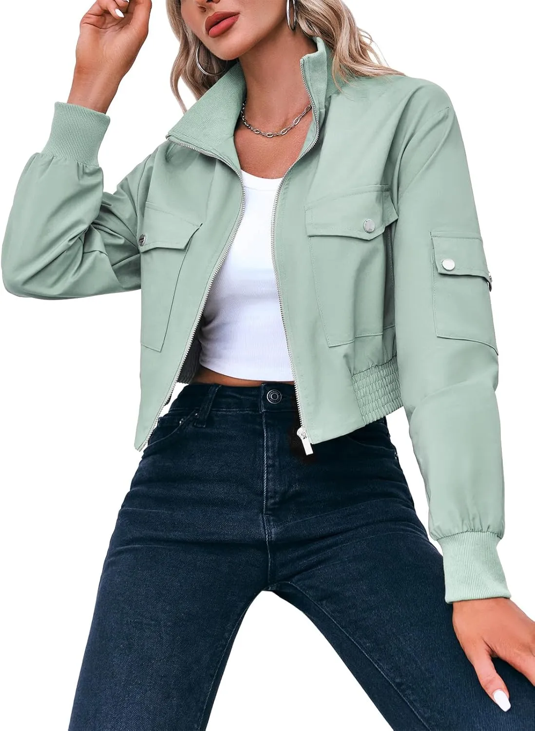 Fisoew Women's Cropped Bomber Jackets Lightweight Zip Up Stand Collar Long Sleeve Short Jacket with Pockets