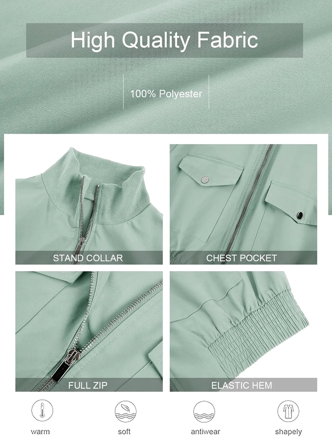 Fisoew Women's Cropped Bomber Jackets Lightweight Zip Up Stand Collar Long Sleeve Short Jacket with Pockets
