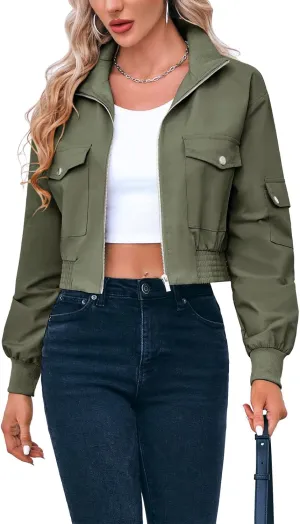 Fisoew Women's Cropped Bomber Jackets Lightweight Zip Up Stand Collar Long Sleeve Short Jacket with Pockets